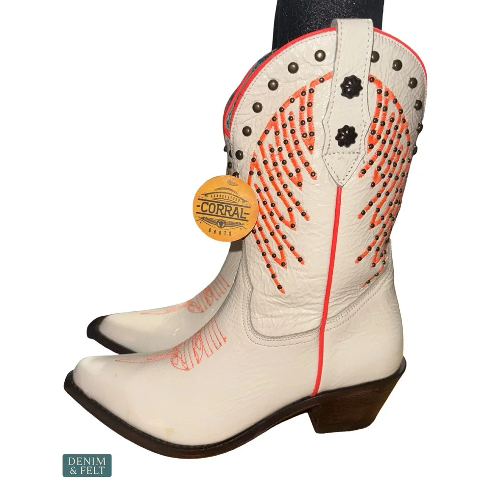 NEW Corral Fluorescent Studded White Pink Western Cowgirl Boots Round Toe Size 8